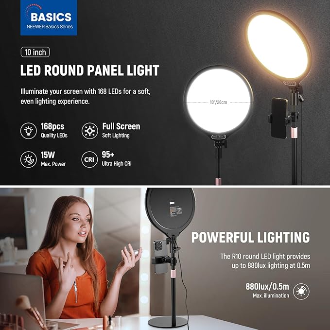 NEEWER Basics 10.5" Desk Ring Light with Stand/Phone Holder/Timer, 3000-6500K Full Screen 15W LED Selfie Panel Lighting for iPhone Recording Streaming Makeup Laptop Webcam Video Conference Zoom, R10