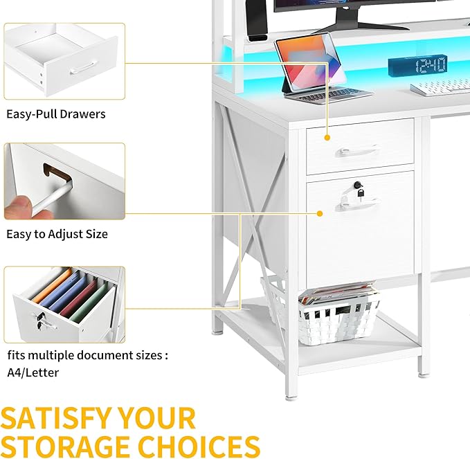 DWVO Computer Desk with Drawers & Hutch, 59.1" Office Desk with Power Outlets & LED Lights, Home Office Desk with Storage Shelves, White