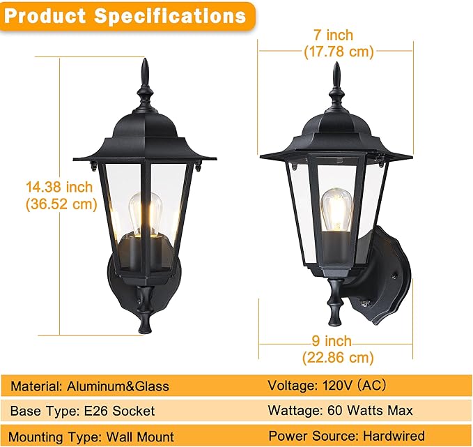 Outdoor Wall Lantern, Dusk to Dawn Exterior Wall Sconce with Clear Glass, Waterproof Black Aluminum Porch Light, Anti-Rust Outside Lighting Fixtures for Patio Front Door Entryway, 2-Pack