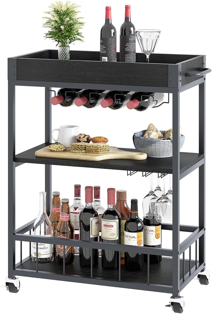 Bar Cart Serving Wine 3 Tier Home Rolling Rack with Wheels Mobile Kitchen Industrial Vintage Style Wood Metal Serving Trolley Serving Cart, Drink Cart for Living Room Kitchen