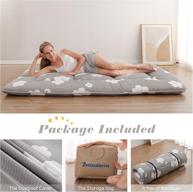 Japanese Floor Mattress Full, Futon Mattress with Storage Bag and Washable Cover, Roll Up Tatami Mat Suitable for Guest Room, Grey Cotton