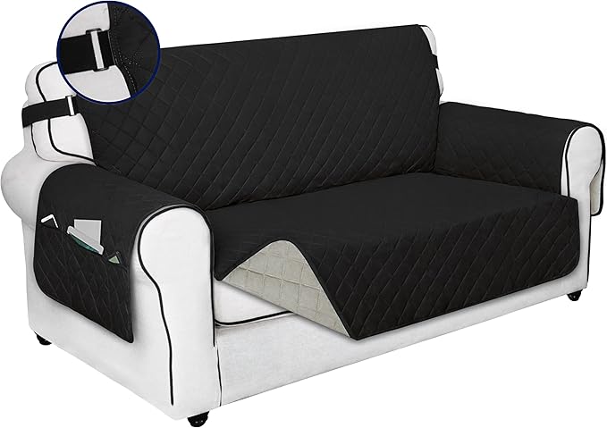 PureFit Reversible Sofa Cover Water Resistant Loveseat Couch Cover, Machine Washable Furniture Cover with Non-Slip Foam and Adjustable Strap for Dogs, Pets (Loveseat, Black/Beige)