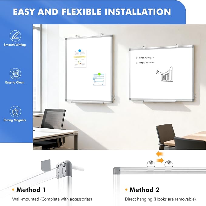 WALGLASS Double-Sided White Board, Dry Erase Board Magnetic Whiteaboard for Wall, Hanging Mounted Whiteboard Silver Aluminium Frame for Home, School, Office, Kitchen, 18''x12''