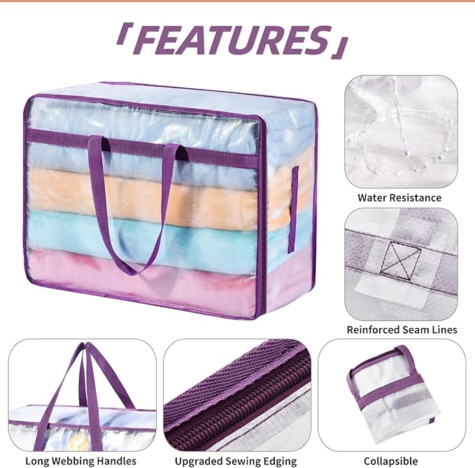 20 Gallon Large Clear Blanket Storage Bags for Bedding with Zipper Handles, 76L Oversized Comforter Storage Bag King Size, Folding Plastic Bedding Storage for Clothes, Bed Sheet, Pillow, Toys, 6Pack