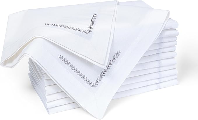 Bedding Craft Cotton Cloth Dinner Napkins Set of 12 – 18x18 with Decorative Embroidery & Selvedge – Machine Washable Fabric Napkins for Weddings, Baby Showers, Christmas & Easter