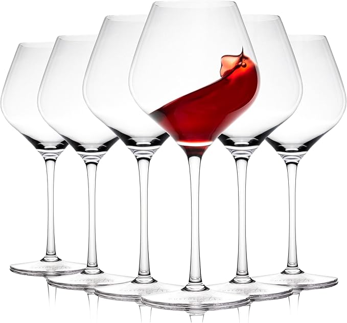 Gusto Nostro Crystal Wine Glasses Set of 6, 22 Oz Long Stem Modern Wine Glasses for White and Red Wine, Dishwasher Safe, Fancy, Elegant, Large and Tall Wine Glass for Wedding Christmas Anniversary