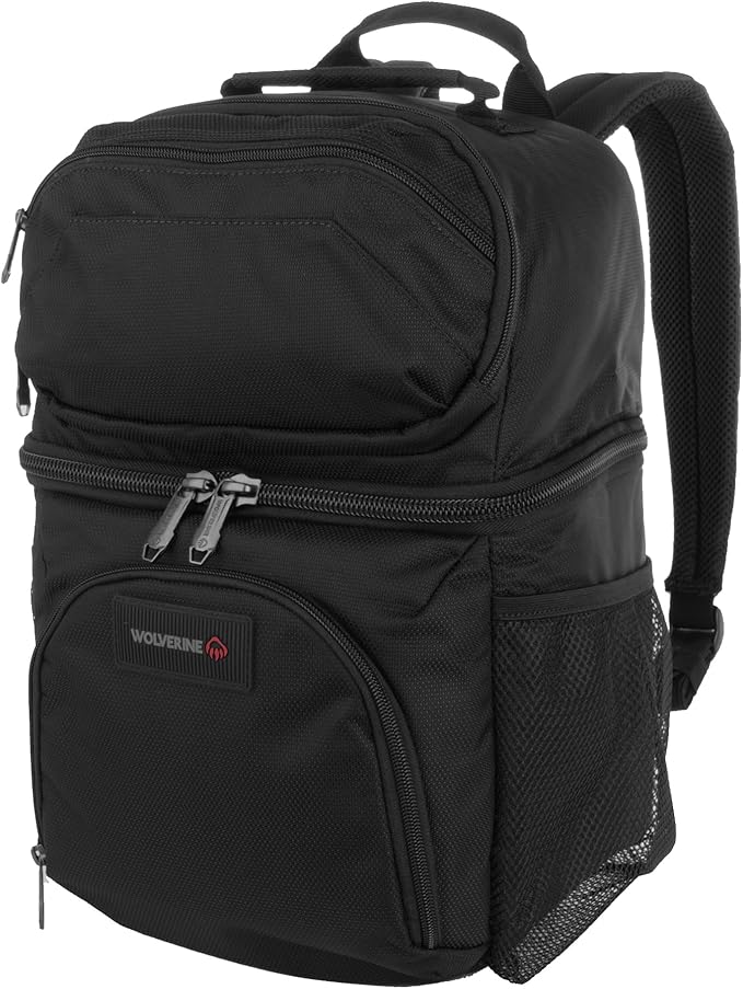 Wolverine 36 Can Cooler Backpack with Durable Nailhead Nylon, Dual Compartment Cooler & Dry Storage, Padded Mesh Back Panel, & Exterior Water Bottle Pockets