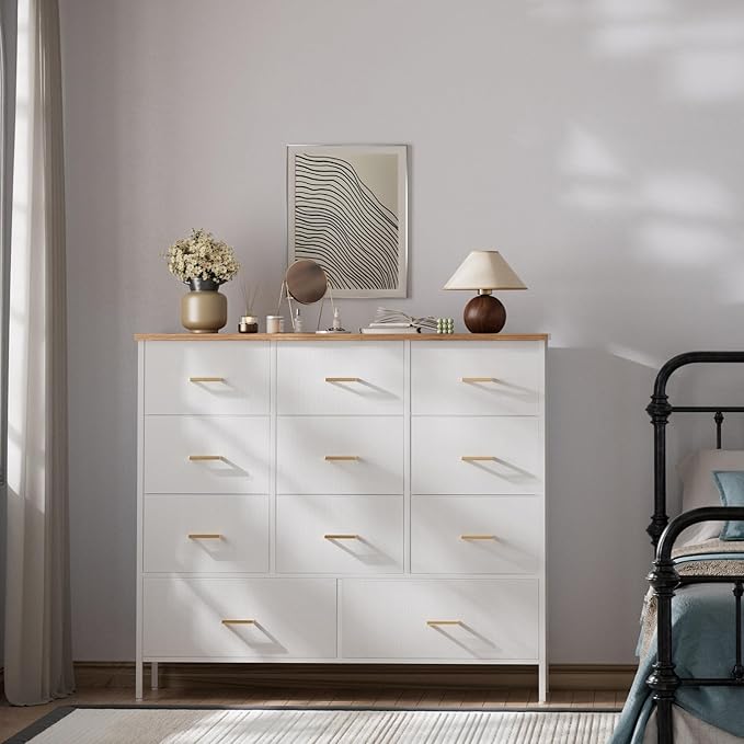 Wide TV Stand Modern TV Console, 11 Drawers Tall Dresser for Bedroom, Fabric Storage Cabinet, Chest of Drawers for Closet, Nursery, Living Room（White）