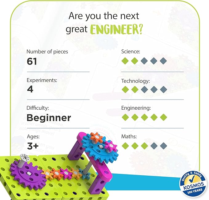 Thames & Kosmos Kids First: Intro to Gears STEM Experiment Kit for Ages 3+ | Build 4 Models, Learn About Gears, Power & Motion | Intro to Mechanical Engineering for Young Learners | Durable Parts