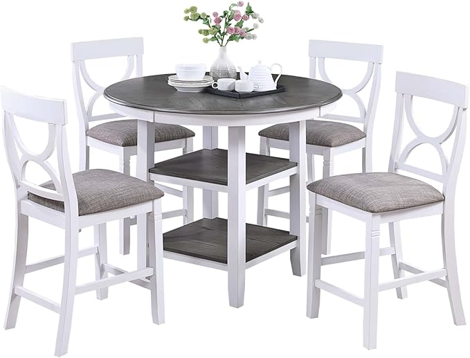 Poundex 5 Piece Counter Height Dining Set in White and Gray