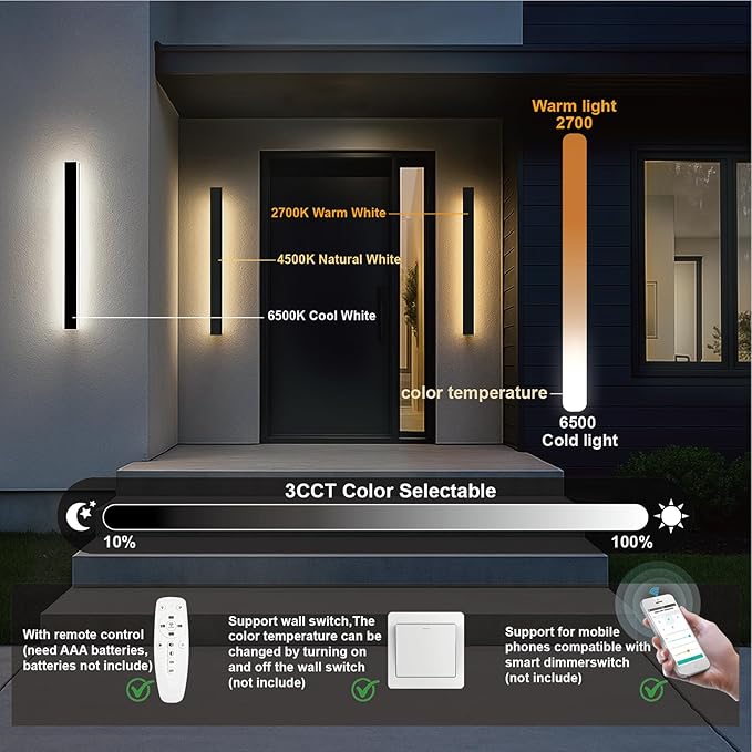 Modern Outdoor Wall Lights, 79 in Outdoor Wall Sconce with Remote 2700-6500K Dimmable, Black Waterproof Linear Exterior Wall Light Fixture for House Garage(2 Pack)