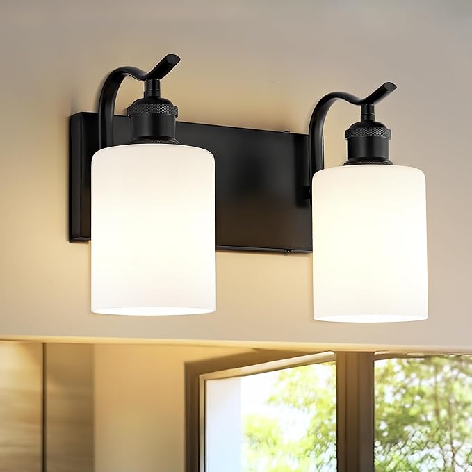 Black Vanity Light, 2-Light Bathroom Light Fixture, Modern Wall Sconce with Milk Glass, VL01BKW-2