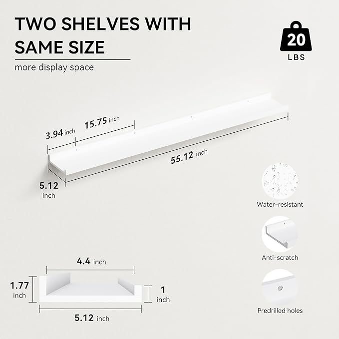 55.1 Inches Long Floating Shelves, 2 Set Rustic Wall Shelf for Bedroom, Nursery Book Shelf with Lip, Picture Ledge Shelf for Living Room, Bathroom, Kitchen - White