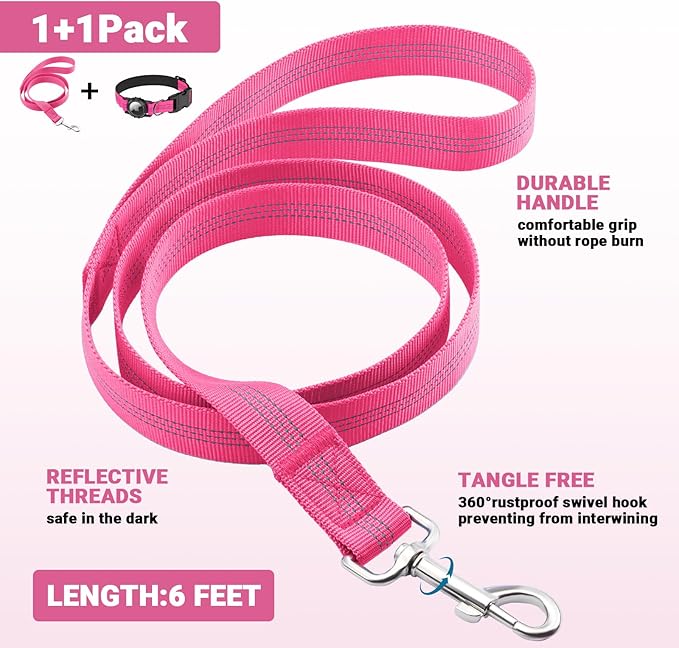 AirTag Dog Collar and Leash, IP68 Waterproof Integrated with Reflective, Ultra-Durable, Comfortable Padded, Heavy Duty Dog Collars for Small Medium Large Dogs, S (10.6"-13.6"), Pink