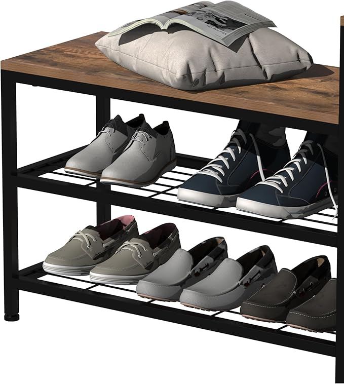 EXOTICA 3-Tier Shoe Storage Bench Industrial Entryway Shoe Rack with 4 Drawers and Seating Shoe Shelf Storage Cabinet for Hallway Front Door Doorway Living Room Mudroom Steel Frame