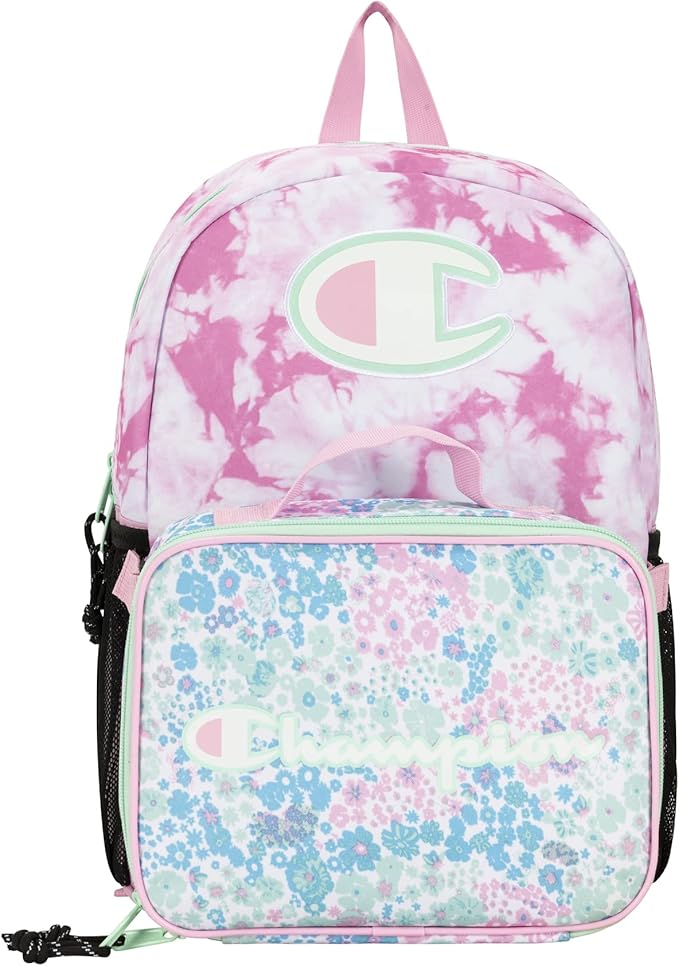 Champion Kids' Youth Backpacks & Lunch Kit Combo, Pink Candy/Aruba Blue, One-Size