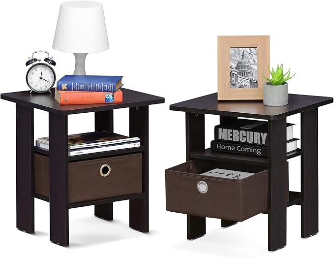 Furinno Andrey Set of 2 End Table / Side Table / Night Stand / Bedside Table with Bin Drawer, Dark Walnut