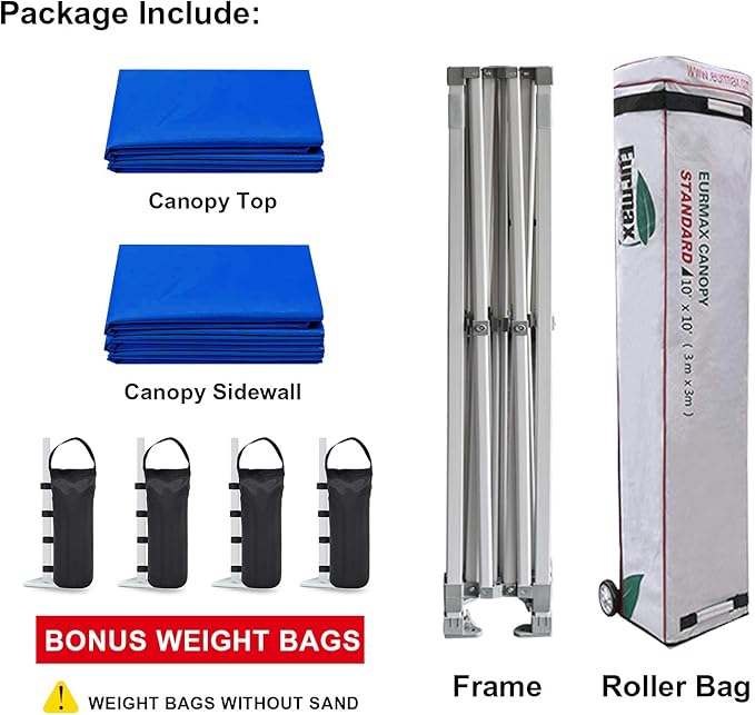 Eurmax USA 10'x10' Pop-up Canopy Tent Commercial Instant Canopies with 4 Removable Zipper End Side Walls and Roller Bag, Bonus 4 SandBags(Blue)