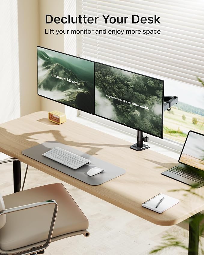 monTEK Stable Dual Monitor Stand for 17"–32” Computer Screens, Heavy-Duty Desk Mount with 22 lbs per Arm, Fully Adjustable Brackets and Arms, Clamp/Grommet Base, VESA 100×100mm Max