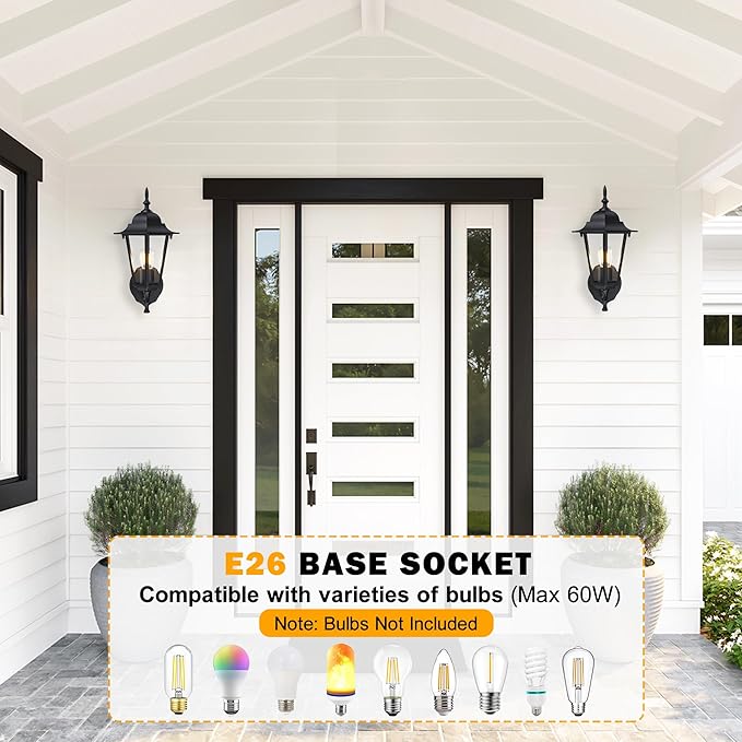 Outdoor Wall Lantern, Dusk to Dawn Exterior Wall Sconce with Clear Glass, Waterproof Black Aluminum Porch Light, Anti-Rust Outside Lighting Fixtures for Patio Front Door Entryway, 2-Pack