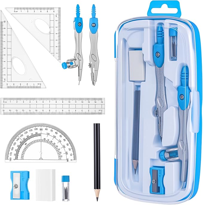 Zonon Math Geometry Set 10 Pcs Student Supplies with Shatterproof Storage Box, Includes Rulers Protractor Compass Pencil Sharpener Lead Refills Eraser Pencil for Drafting and Drawings(Blue)