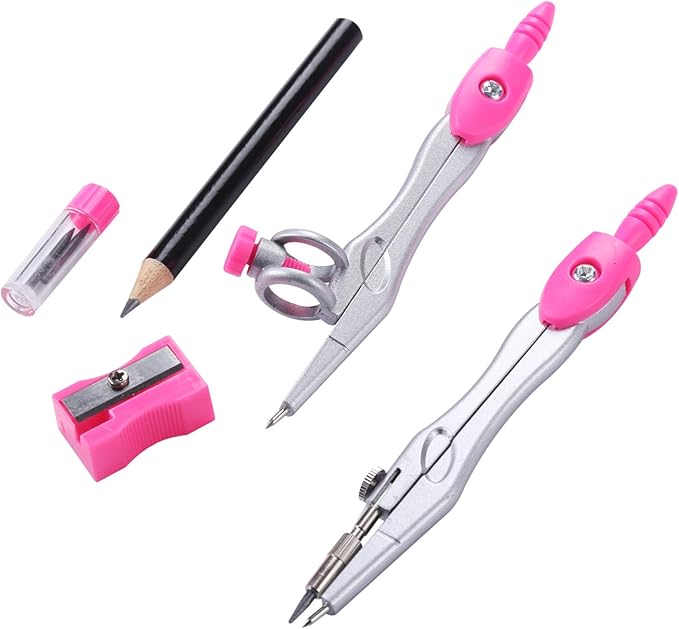 10 Pieces Math Geometry Kit Set Student Supplies with Shatterproof Storage Box,Includes Rulers,Protractor,Compass,Eraser,Pencil Sharpener,Lead Refills,Pencil,for School and Drawings（Pink）