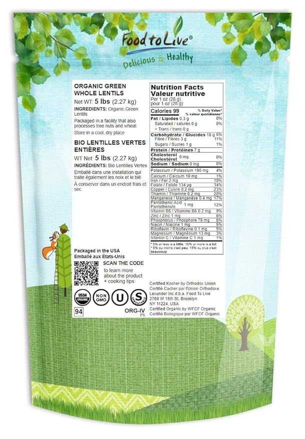 Food to Live Organic Whole Green Lentils, 5 Pounds - Non-GMO, Dried Raw Beans, Sproutable, Vegan, Kosher, High in Folate, Dietary Fiber, Protein, No Soaking Required, for Soups, and Veggie Burgers