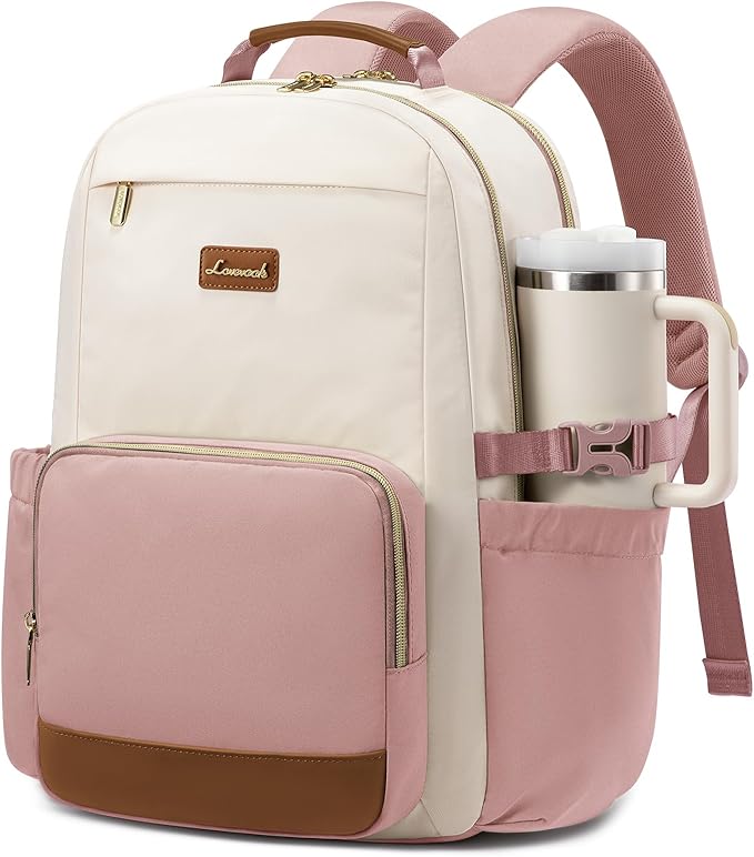 LOVEVOOK Laptop Backpack for Women with Pouch Pocket for Large Capacity Cup,17 Inch Teacher Nurse College Work Backpack Purse,Waterproof Laptop Bag Computer Back Pack for Travel, Beige-Pink-Brown