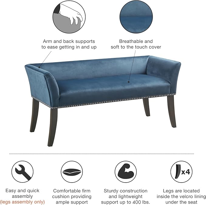 Madison Park Accent Bench, Upholstered with Nailhead Trim, & Padded Seat Entryway Bench Small, End of Bed Bench with Back, 49.5" W x 19.25" D x 23" H, Blue