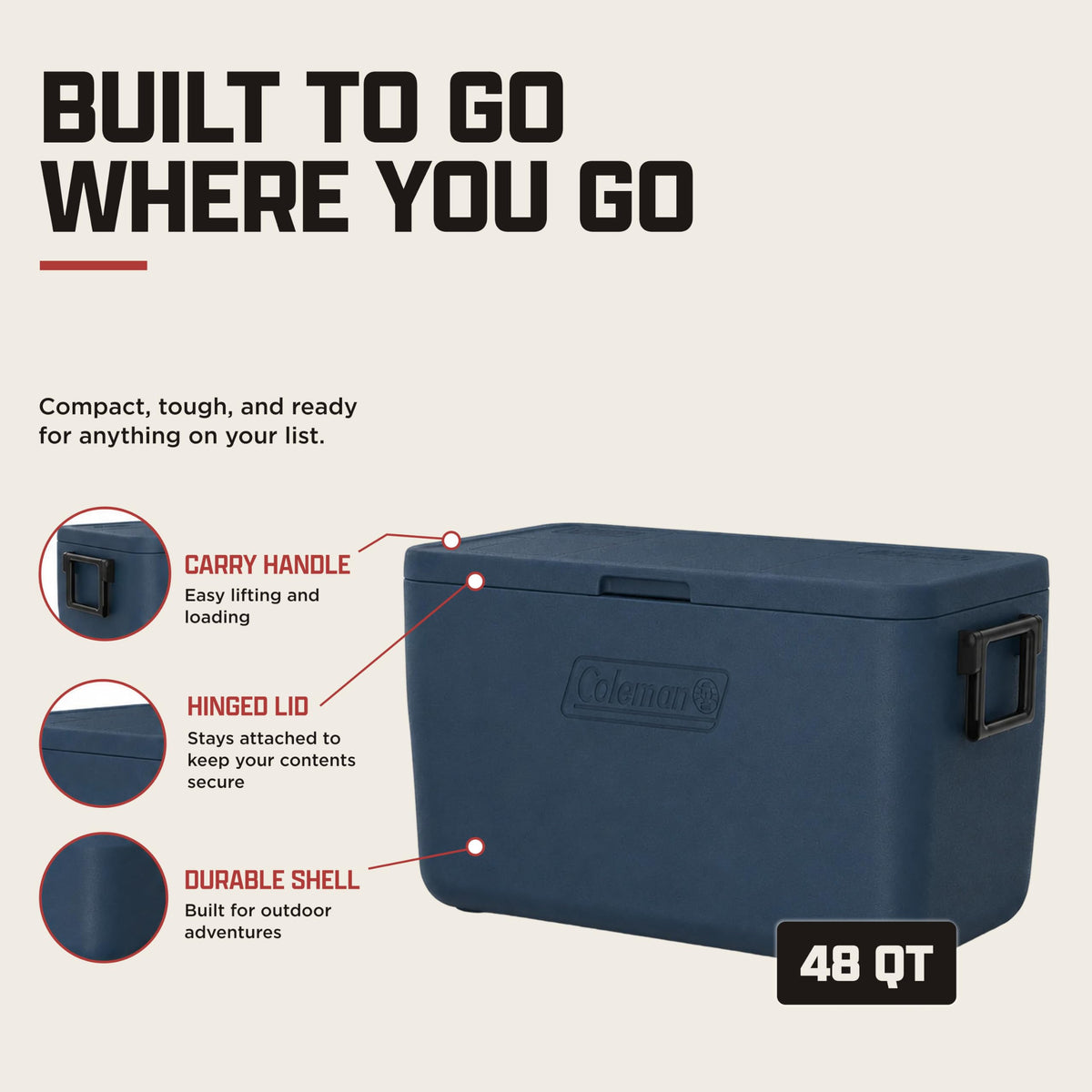Coleman Chiller 48qt Portable Cooler with Ice Retention and 2-Way Heavy Duty Handles, Leak Resistant, Great for Camping, Concerts, Sports, and More, Sapphire