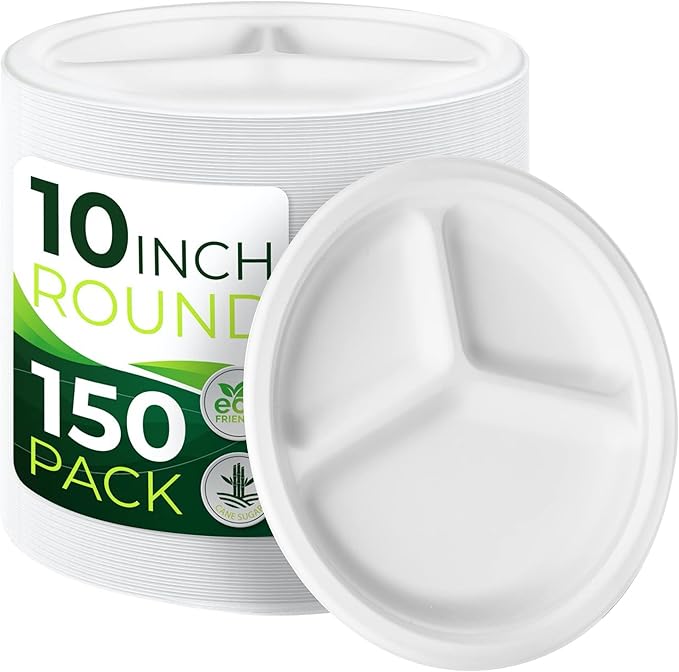 150-Piece 100% Compostable 10in Paper Plates, 3-Compartment Heavy Duty Disposable Eco-Friendly Biodegradable Sugarcane Fiber Plates