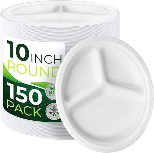 150-Piece 100% Compostable 10in Paper Plates, 3-Compartment Heavy Duty Disposable Eco-Friendly Biodegradable Sugarcane Fiber Plates