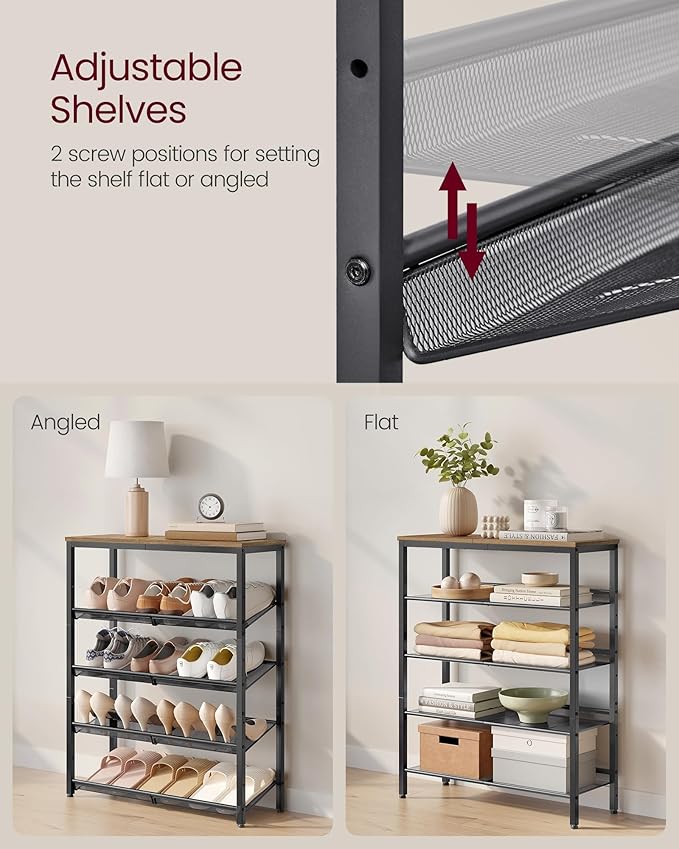 VASAGLE Shoe Rack for Entryway, 5-Tier Shoe Rack Organizer with Storage Shelves and Spacious Top, Freestanding, Adjustable, Industrial, Honey Brown and Ink Black ULBS038K01