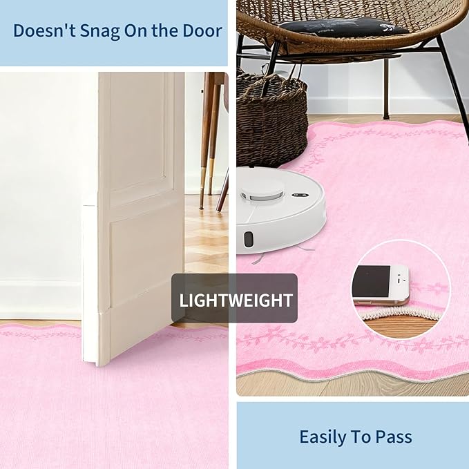 GarveeHome 4x6 Pink Valentines Scalloped Washable Area Rug for Girls Bedroom, Solid Floral Soft Nursery Rug Non Slip Low Pile Small Carpet Stain Resistant Throw Rug for Dorm Kids Room Dining Room