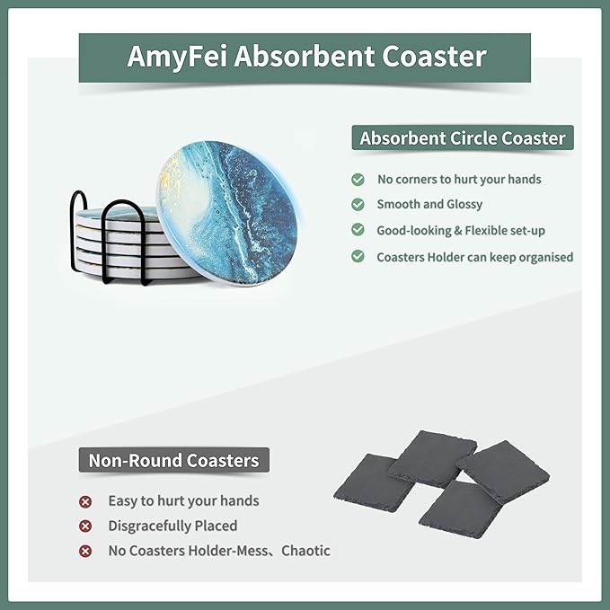 Drink Coasters with Holder, Ceramic Drink Coaster Sets of 6, Marble Blue Ocean Style Absorbent Ceramic Coasters with Cork Base for Home Decor, Kitchen, Gift, Bar, Coffee Table(4 Inches)