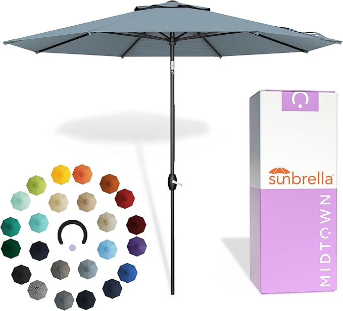 Midtown Umbrellas - The Lean 10 Ft Patio Umbrella with Fade-Resistant Sunbrella Fabric, Auto-Tilt Aluminum Frame and 8 Reinforced Ribs for Deck, Pool & Garden - Canvas Glacier Canopy, Black Pole