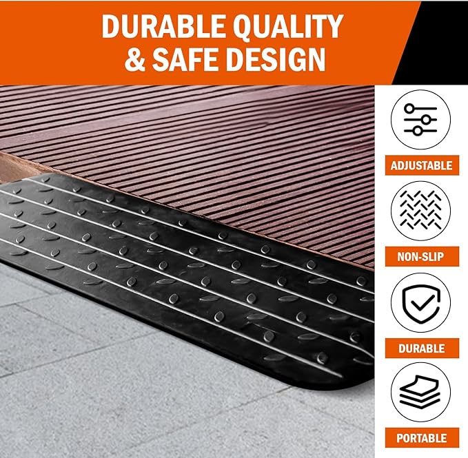 Rubber Wheelchair Threshold Ramp, 1"/1.5"/2"/2.5"/3"/3.5"/4" Rise Options, Wheelchair Ramp 7000Lbs Load Capacity, Non-Slip Textured Surface for Wheelchairs, Scooters (1.0" Rise-1Pack)