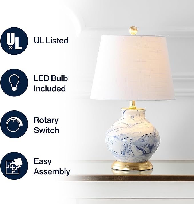 JONATHAN Y 20.5" Blue/White Marbleized Ceramic Table Lamp, Contemporary Traditional Bedside Lamp for Living Room, Gold Accents, White Linen Empire Shade, LED Bulb Included JYL3007A