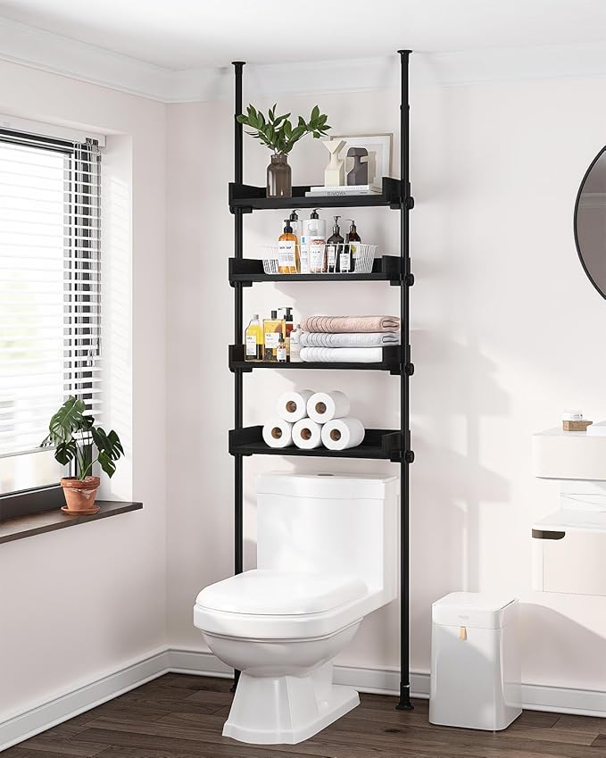 ALLZONE 4 Tier Over The Toilet Storage, Adjustable Wood Over Toilet Bathroom Organizer, Freestanding Shelves, Fit Most Showers Over The Toilet Shelf, 92 to 116 Inch Tall, Black