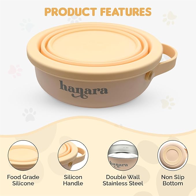 HANARA 2-in-1 Insulated Dog Bowl with Collapsible Lid & Handle ??Stainless Steel, Non-Slip Rubber Base ??Portable Pet Water & Food Bowl for Dogs & Cats ??30 OZ + 20 OZ ??Indoor & Outdoor (Beige)