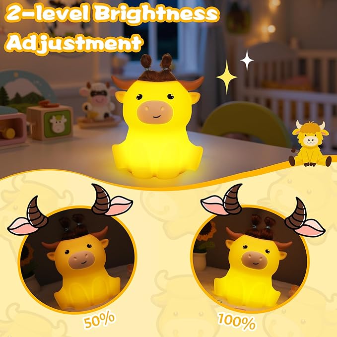 Highland Cow Night Light, Cute Animal Silicone Touch Cow Lamp, Highland Cow Gifts for Boys Girls Women Christmas, Dimmable Soft Glow Bedside Lamp for Nursery Bedroom Decor