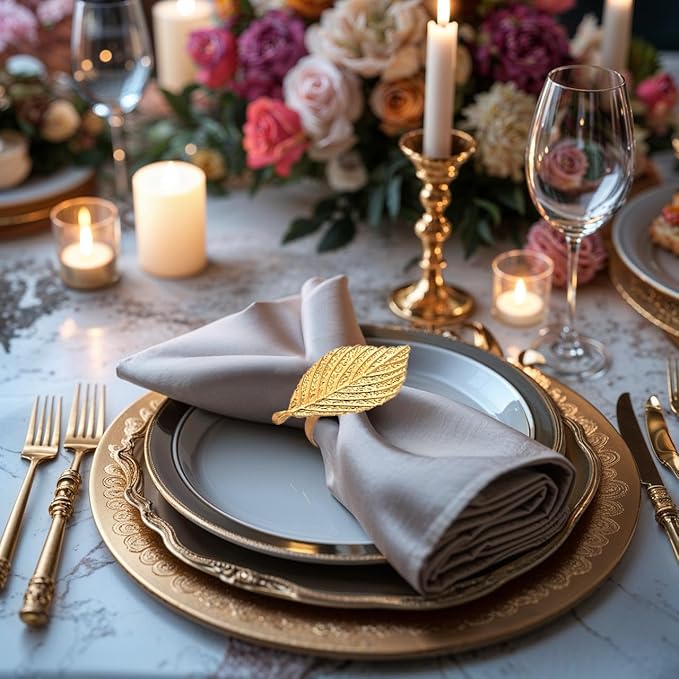 Decozen Set of 4 Gold Napkin Rings in Leaf Design, Festive, Table Decor Setting for Holiday, Wedding, Birthday, Kitchen, Home Decor, Housewarming Gift - Mothers Day Decorations