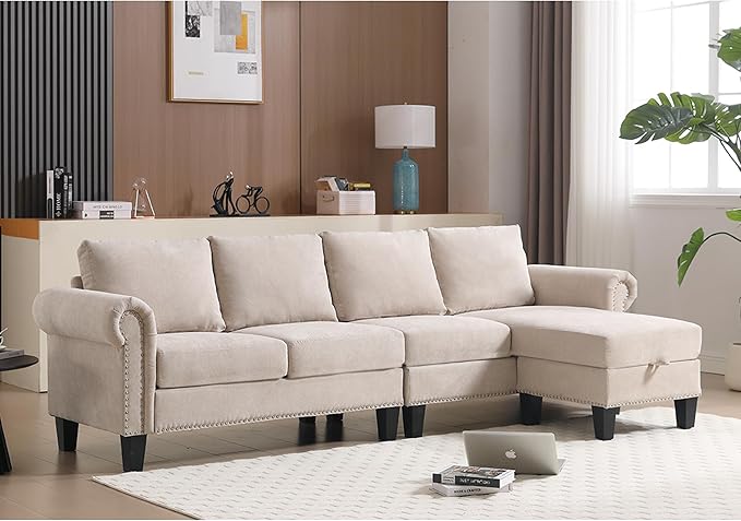 Ball & Cast 106" Convertible Sectional Sofa with Storage Chaise, Linen Upholstered 4 Seater Couch with Back Cushions and Removable Ottoman for Living Room, Apartment, Office,Beige