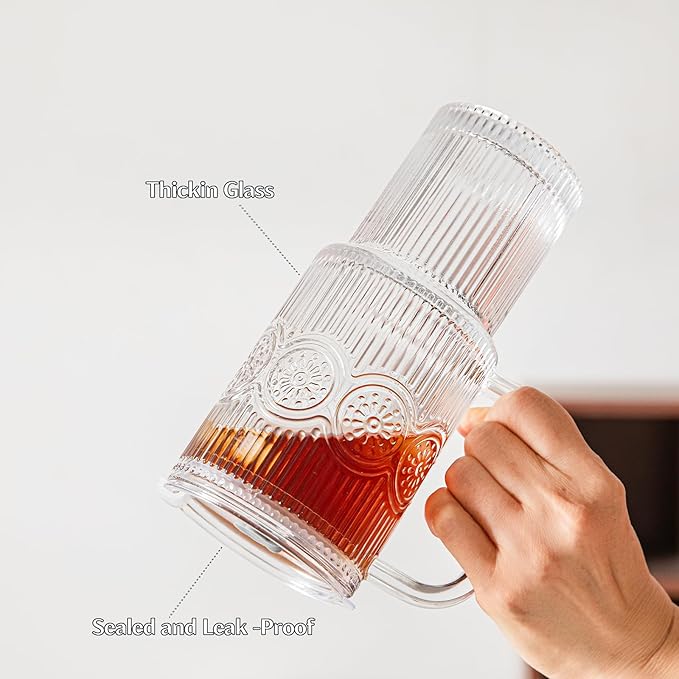 INSETLAN 26oz Ribbed & Floral Glass Tumblers with Handle and Lid, Set of 2 –Reusable Iced Coffee Cups with Straw, Glass Mugs for Water, Smoothies, Tea, and Juice – Ideal for Travel & Daily Use