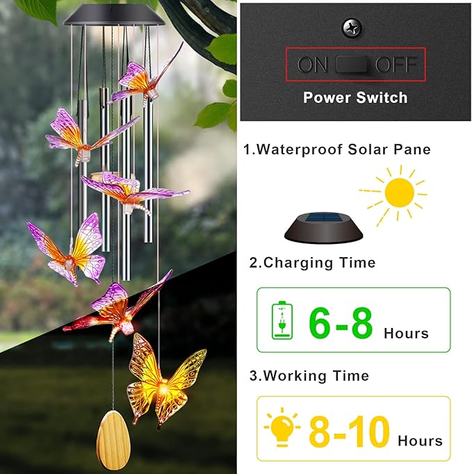 Butterfly Solar Wind Chimes with Aluminum Tubes - Color Changing Wind Chimes for Outside - Thanksgiving Gift