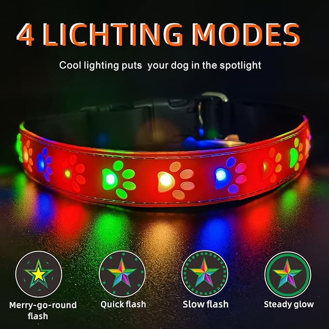 LED Light Up Dog Collar, USB-C Rechargeable, Multicolor Paw Print Design, 15 Modes Lighting Night Safety (RED Pro, XL(19.7-23.6"))