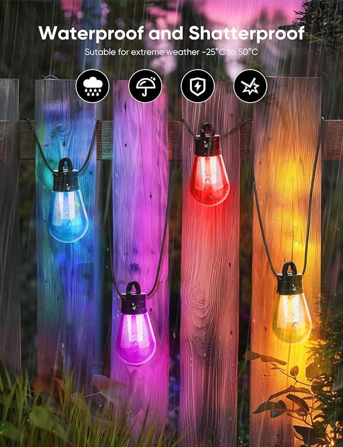APPECK Outdoor String Lights, 150ft Smart RGBW Outdoor Patio Lights with 45 LED Bulbs, Extendable, 111 Scene Modes, IP65 Waterproof Lighting for Outside, Dimmable Warm White, Compatible with Alexa