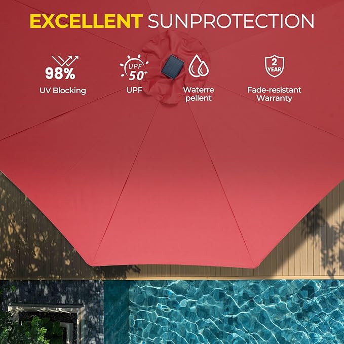 Tempera Solar Patio Umbrella 40 LED Lighted Outdoor Umbrella Table Market Umbrella with Push Button Tilt and Crank, Solar Umbrella with Sturdy Pole&Fade Resistant Canopy, Easy to Set