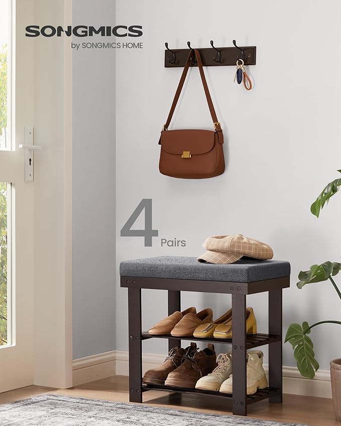 SONGMICS Bamboo Shoe Bench, 3-Tier Shoe Rack Organizer for Entryway, Living Room, Bench Seat Holds Up to 300 lb, 11.9 x 20.5 x 19.2 Inches, Rustic Walnut and Slate Gray ULBS504M01