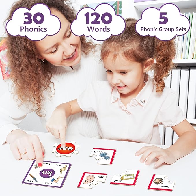 Torlam Phonics Puzzle, Rhyming Games Phonics Games Flash Cards for Kids Toddler, Learn to Read Spelling Reading Sight Words, Trigraphs Site Words for Preschool Kindergarten Homeschool Supplies